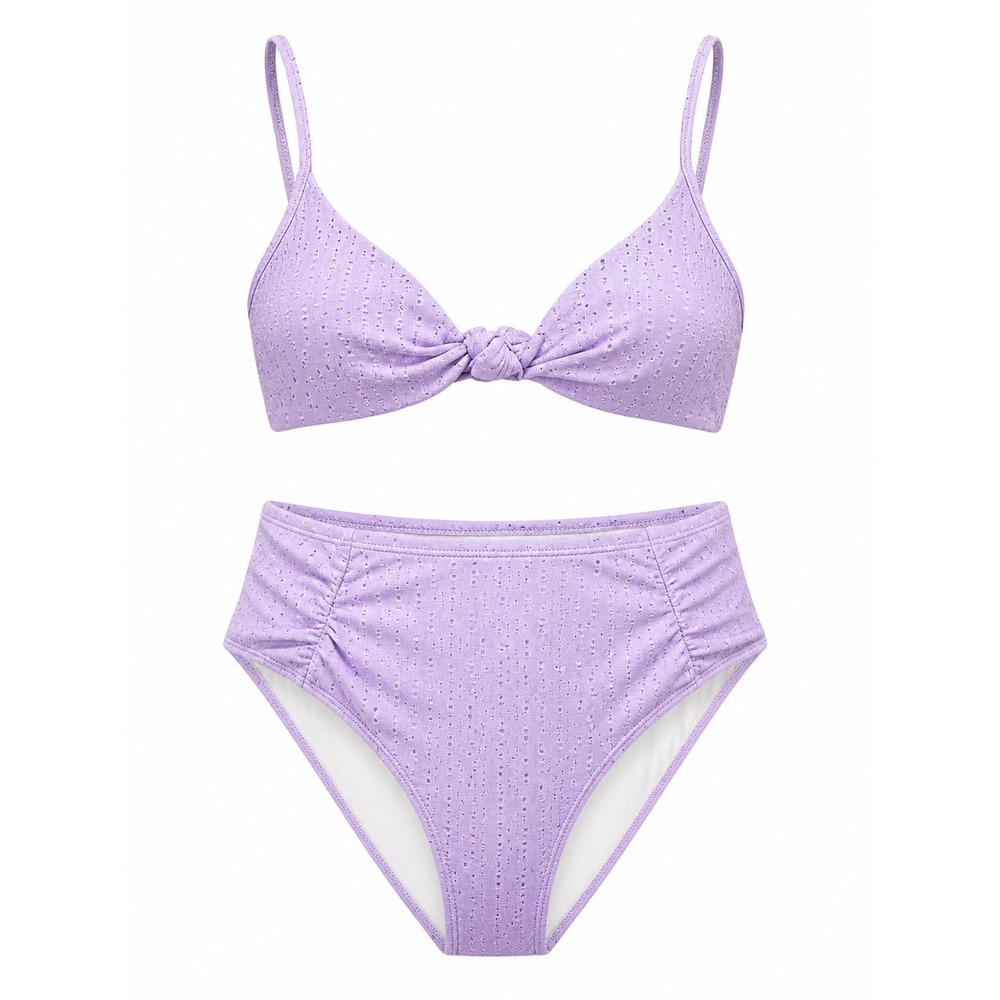 Lavender Eyelet Knot Front High Waisted Bikini Set Purple 1XL Plus Size Swimwear